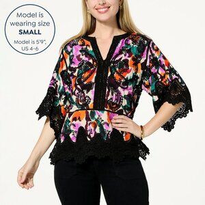 Democracy Embroidered Crochet Trim Peplum Top - XL